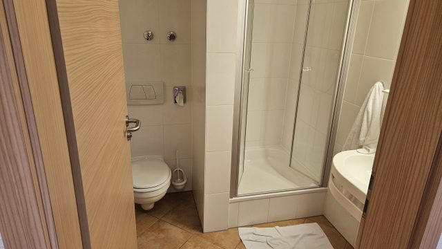 Modernes Badezimmer mit Dusche und WC im Isartaler Hof
