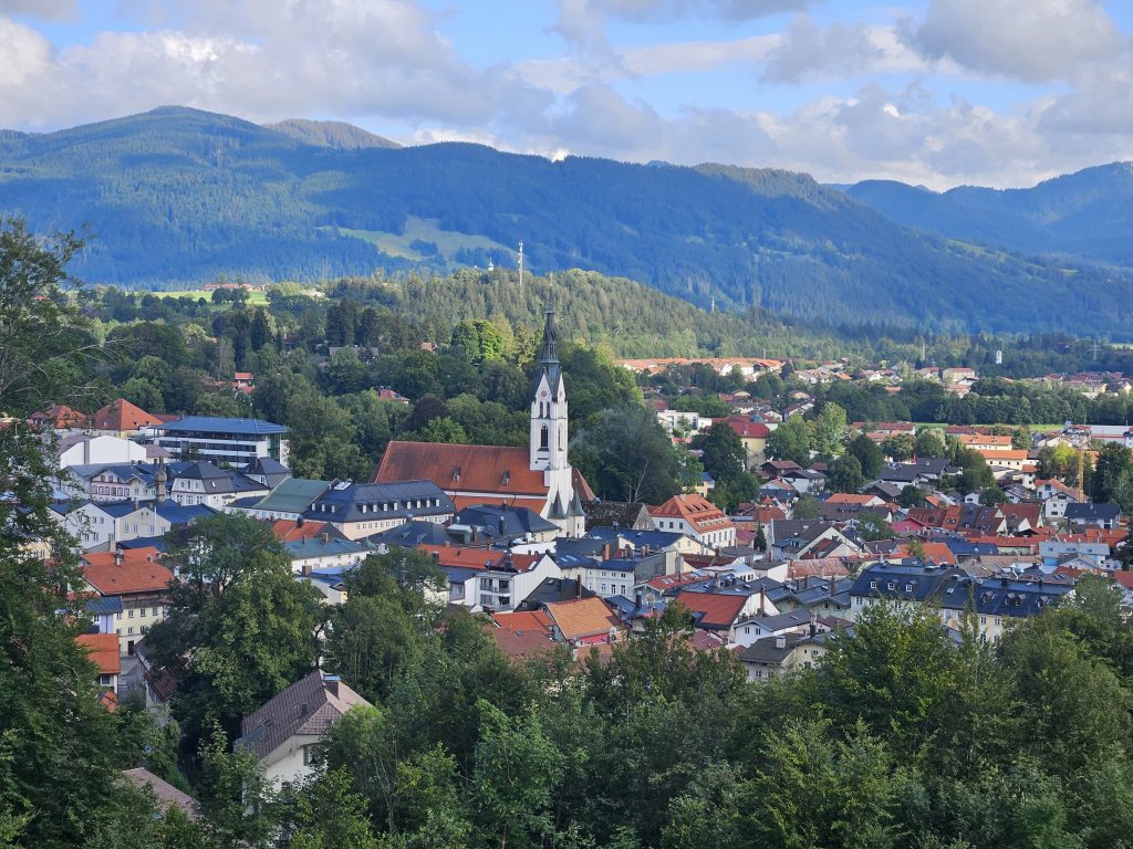 Blick über die Dächer von Bad Tölz und die umliegenden Wälder