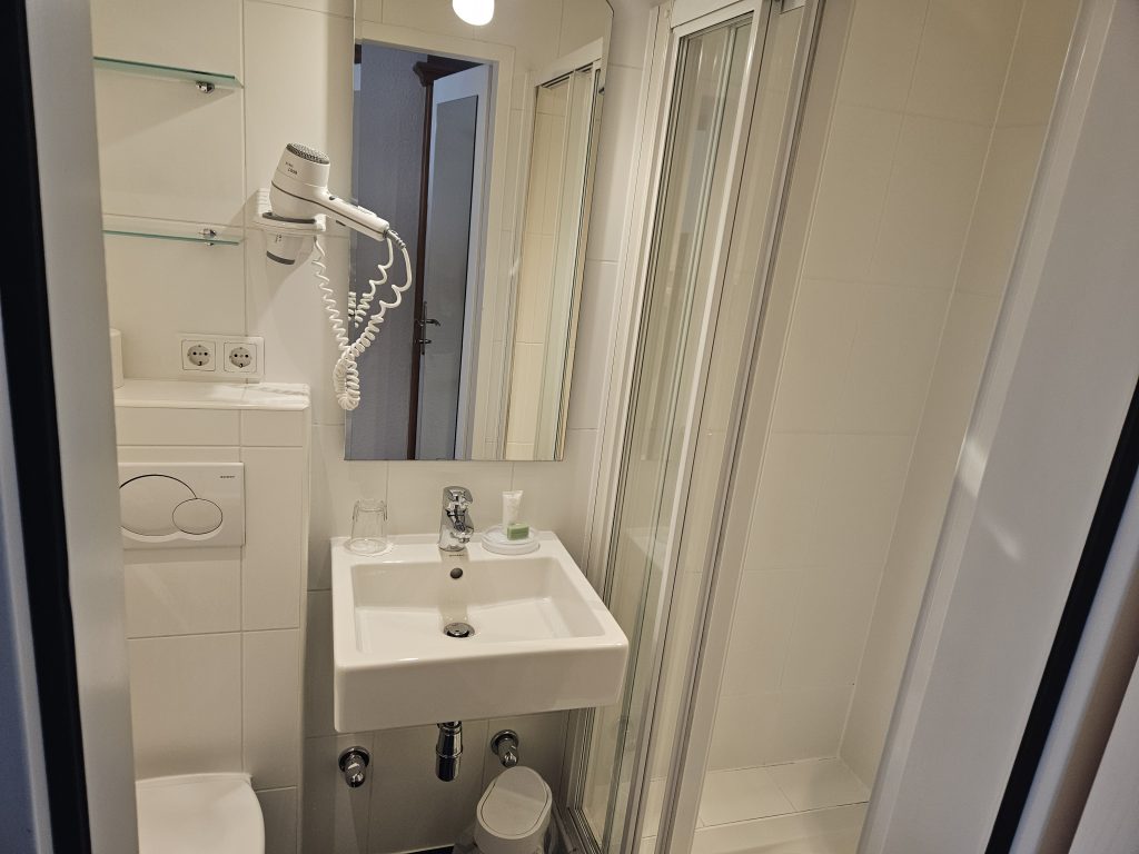 Kompaktes, modernes Bad mit Dusche, Waschbecken, WC und Föhn im Hotel Mondschein