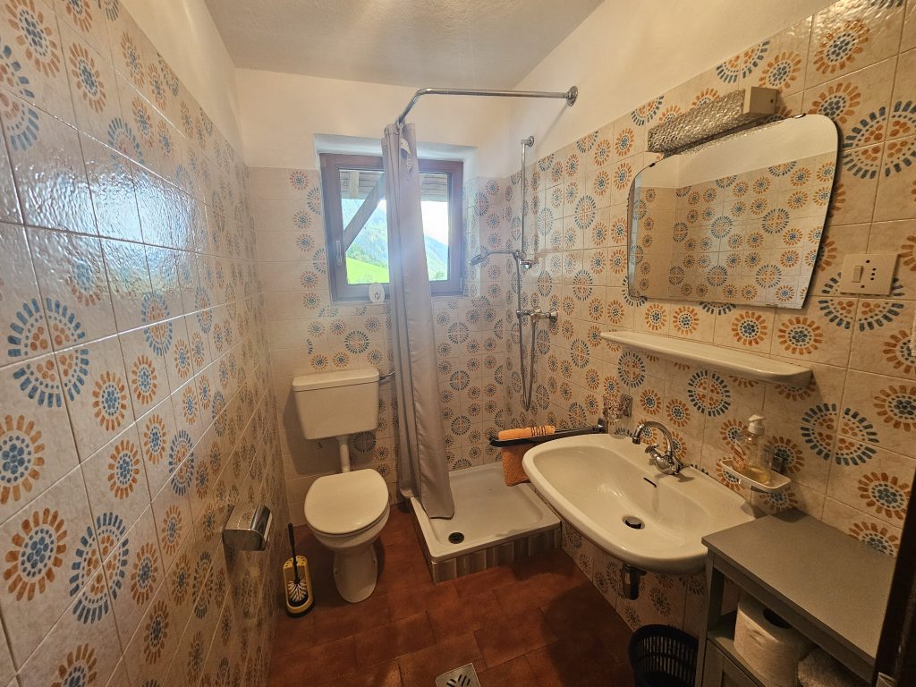 Badezimmer mit Retro-Fliesen im Wieserhof